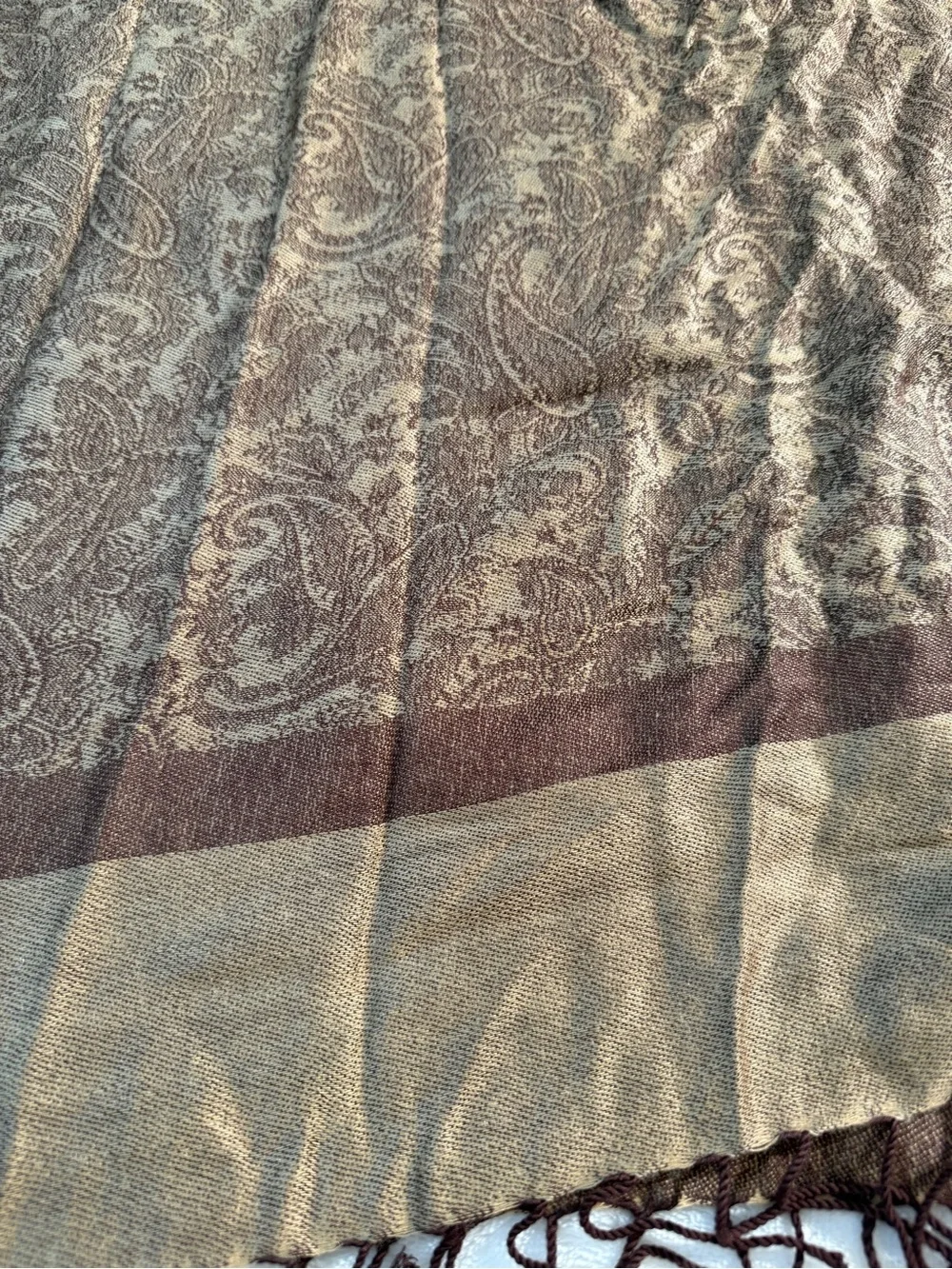 NWT Casual Corner Brown Gold Paisley Pashmina Scarf Wrap Fringe Oversized Shawl